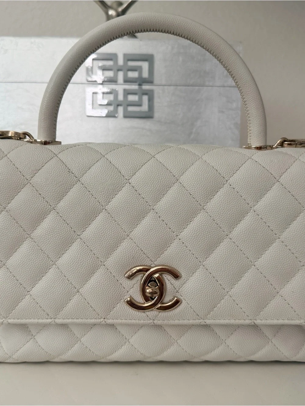 CHANEL White Quilted Top Handle Satchel with Gold CC